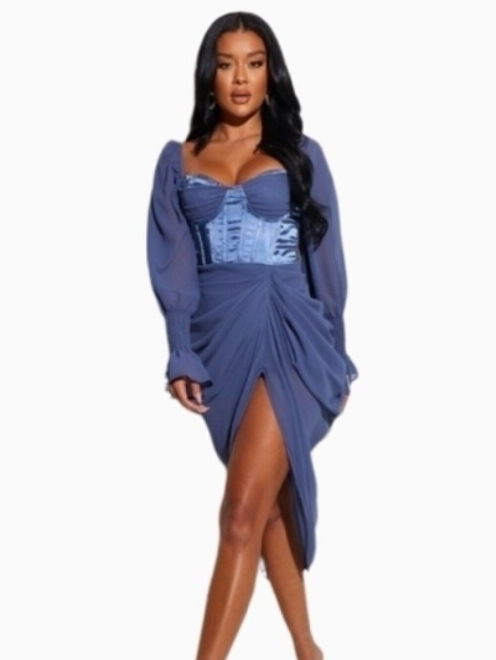 PrettyLittleThing Dress Satin Draped,  Chiffon Midi Mineral Blue Size 2